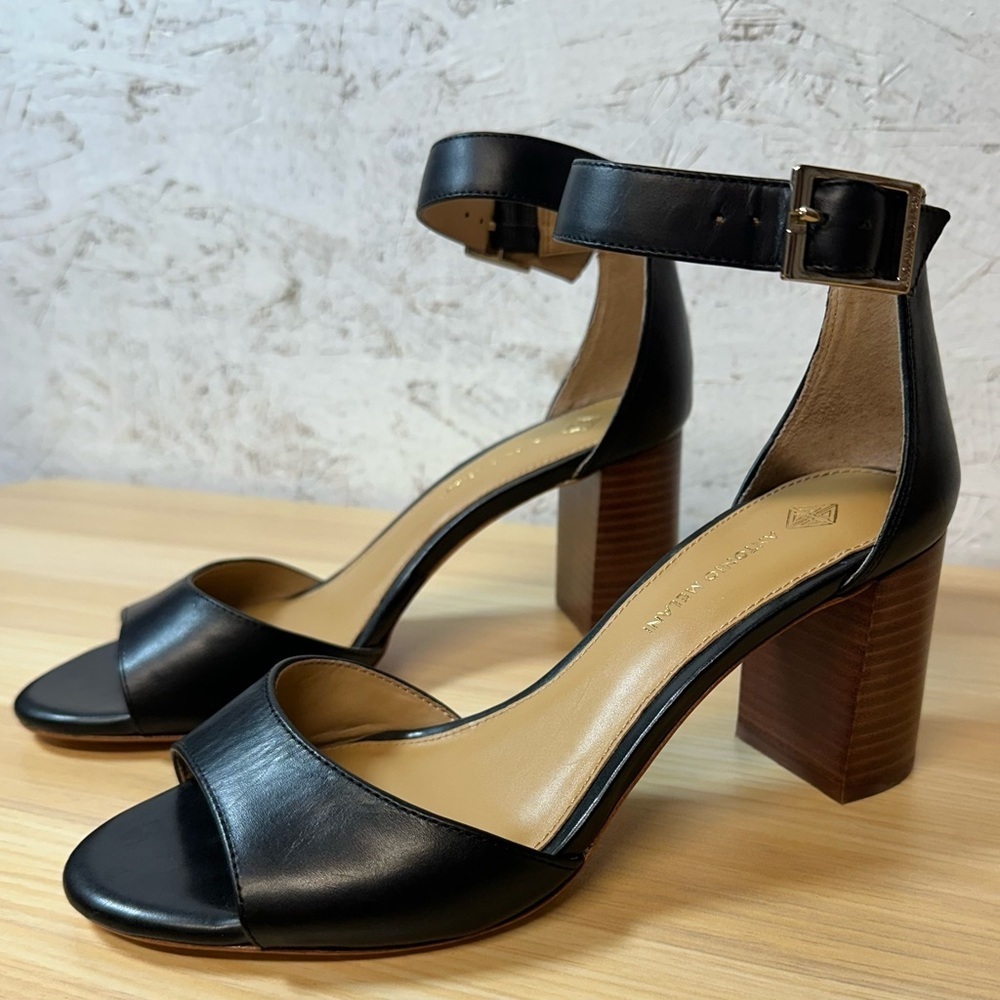 ANTONIO MELANI Black Leather Block Heel Sandals - Picture 3 of 10